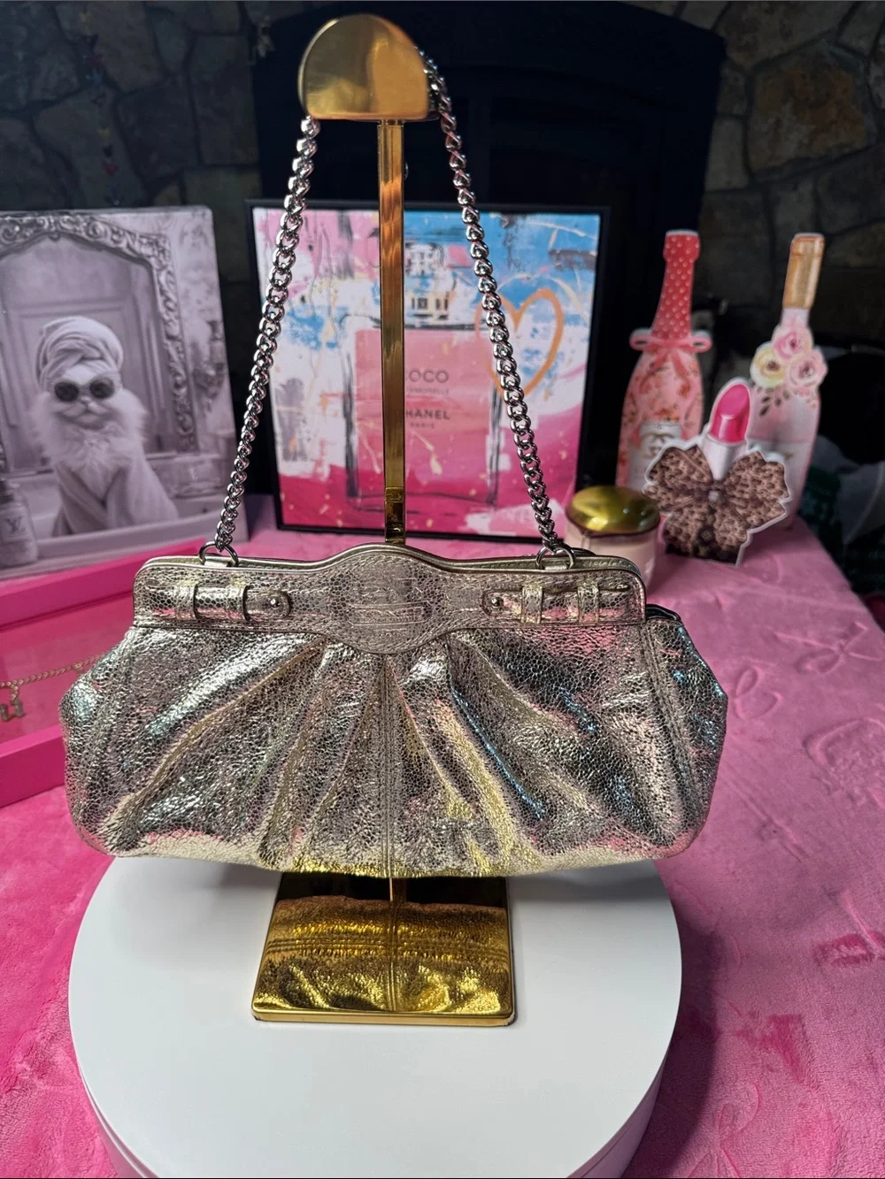 Coach Sparkling Metallic Silver Saffiano Pleated Chain Bag G0969‑14210 Pristine